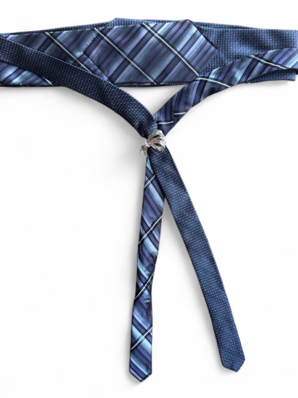 Vintage Silk Necktie Belt Blue Plaid Hidden Pocket Adjustable OOAK Empowered - Picture 2 of 4